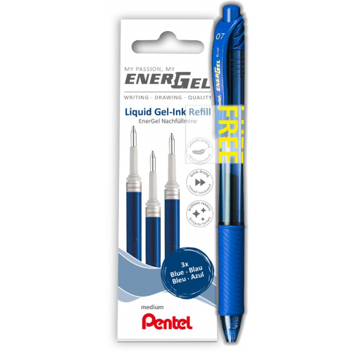 Pentel recharge Energel, 0,7 mm, bleu, 3 pièces + roller (GRATUIT)