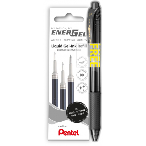 Pentel recharge Energel, 0,7 mm, noir, 3 pièces + roller (GRATUIT)