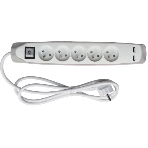 Perel douille avec 5 prises, 2 ports USB et interrupteur, 1,5 m, blanc/gris, pour NL