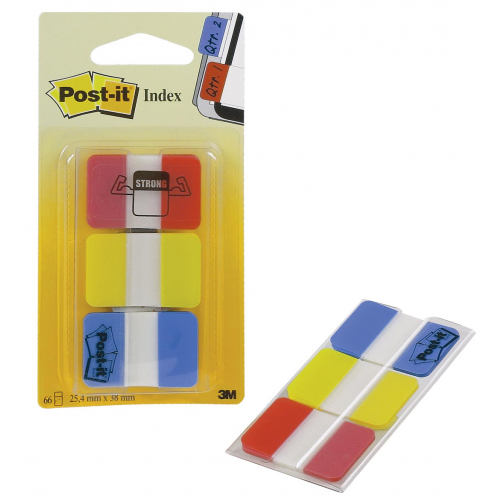 Post-it Index Strong, ft 25,4 x 38 mm, set de 3 couleurs (rouge, jaune et bleu), 22 cavaliers par couleur