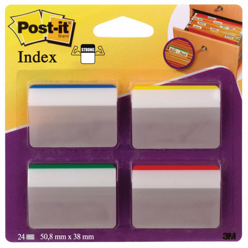 Post-it Index Strong, ft 50,8 x 38 mm, pour dos susp set de 24 cavaliers, 4 couleurs, 6 cavaliers par cou