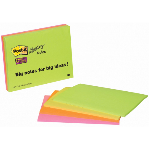 Post-it Super Sticky Meeting notes, 45 feuilles, ft 152 x 203 mm, couleurs assorties, paquet de 4 blocs
