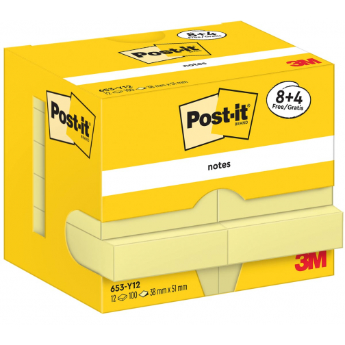 Post-It Notes, 100 feuilles, ft 38 x 51 mm, jaune, 8 + 4 GRATUIT