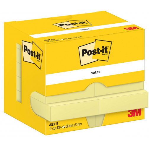 Post-It Notes, 100 feuilles, ft 38 x 51 mm, jaune, paquet de 12 blocs