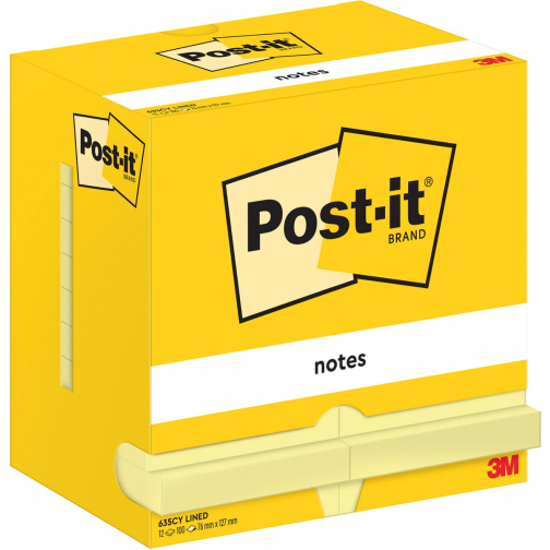 Post-It Notes, 100 feuilles, ft 76 x 127 mm, jaune, ligné, paquet de 12 blocs