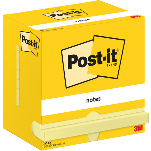 Post-It Notes, 100 feuilles, ft 76 x 127 mm, jaune, paquet de 12 blocs