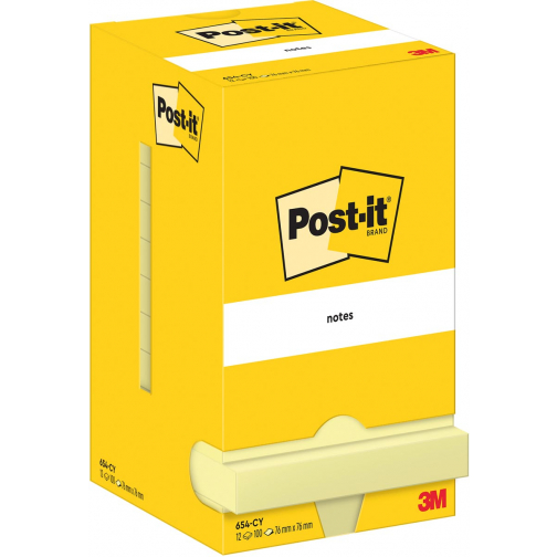 Post-It Notes, 100 feuilles, ft 76 x 76 mm, jaune, paquet de 12 blocs