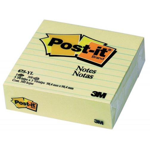 Post-it Notes, ft 101 x 101 mm, jaune, ligné, bloc de 300 feuilles
