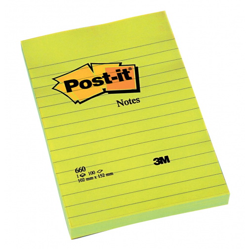 Post-it Notes, ft 102 x 152 mm, jaune, ligné, bloc de 100 feuilles