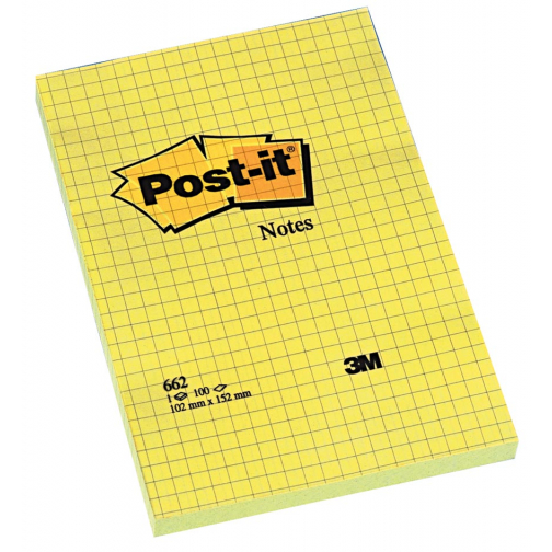 Post-it Notes, ft 102 x 152 mm, jaune, quadrillé, bloc de 100 feuilles