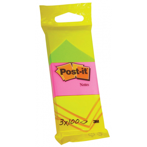 Post-it Notes, 100 feuilles, ft 38 x 51 mm, blister de 3 blocs en jaune néon, rose guava et vert néon