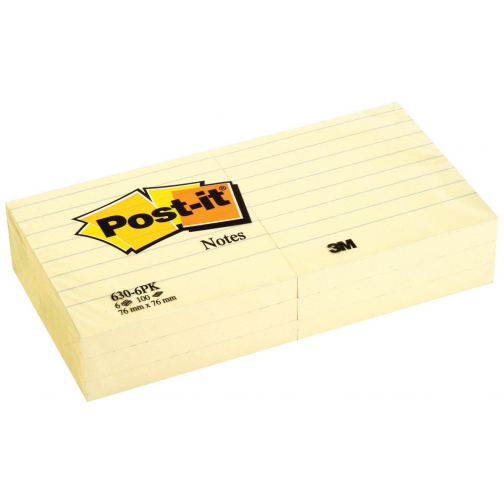 Post-it Notes, ft 76 x 76 mm, jaune, ligné, bloc de 100 feuilles