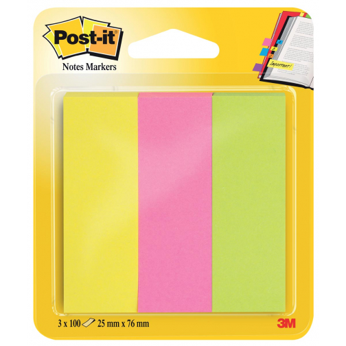 Post-it notes markers, marque pages, ft 25 x 76 mm, blister de 3 x 100 feuilles, couleurs assorties