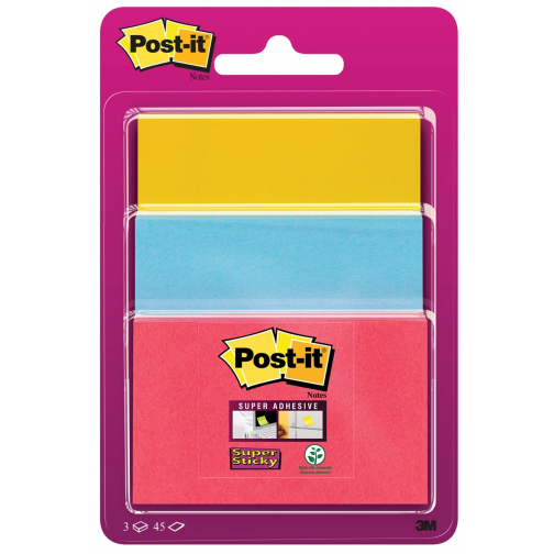 Post-it Super Sticky notes, 45 feuilles, 3 formats, couleurs assorties , sous blister