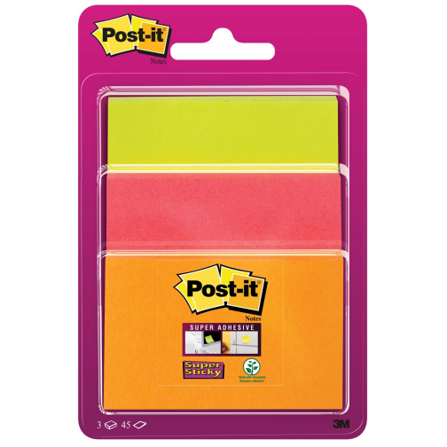 Post-it Super Sticky notes, 45 feuilles, 3 formats, couleurs assorties néon , sous blister