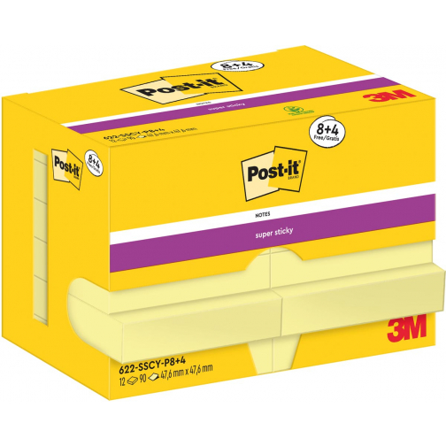 Post-It Super Sticky Notes, 90 feuilles, ft 47,6 x 47,6 mm, jaune, 8 + 4 GRATUIT