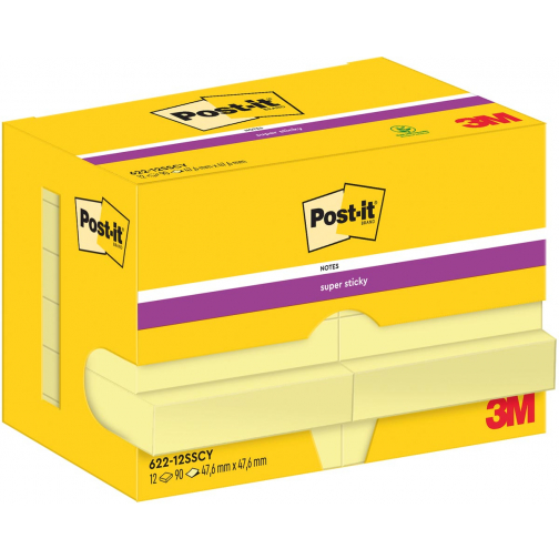 Post-It Super Sticky Notes, 90 feuilles, ft 47,6 x 47,6 mm, jaune, paquet de 12 blocs