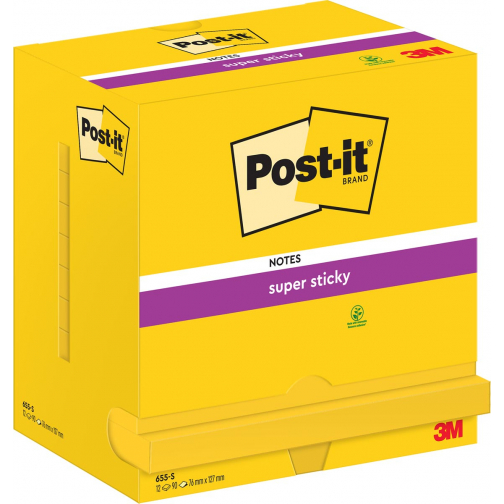 Post-it Super Sticky notes, 90 feuilles, ft 76 x 127 mm, paquet de 12 blocs, jaune néon