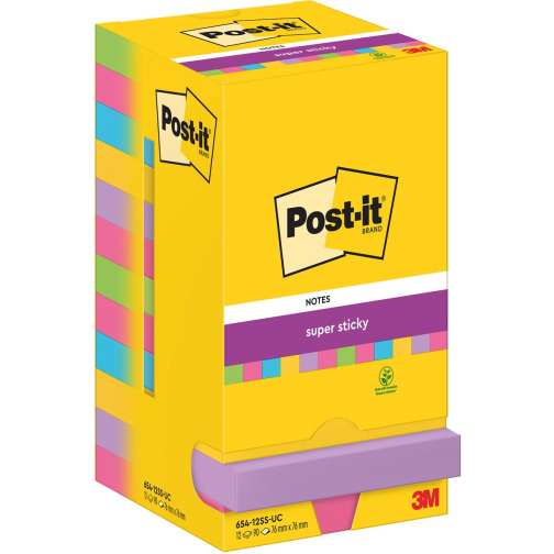 Post-It Super Sticky Notes, 90 feuilles, ft 76 x 76 mm, assorti, paquet de 12 blocs