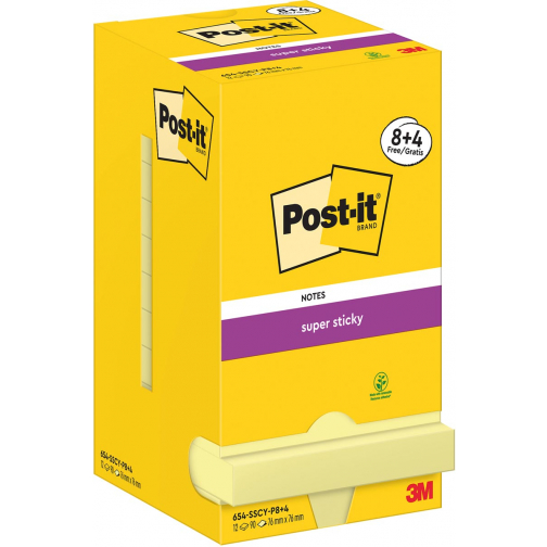 Post-It Super Sticky Notes, 90 feuilles, ft 76 x 76 mm, jaune, 8 + 4 GRATUIT