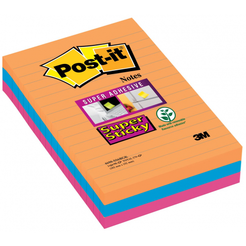 Post-it Super Sticky Notes XXL Boost, 90 feuilles, ft 101 X 152 mm, ligné, couleurs assorties, paquet de