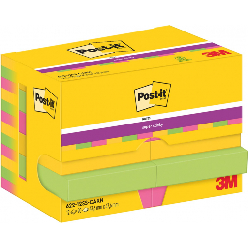 Post-It Super Sticky Notes Carnival, 90 feuilles, ft 47,6 x 47,6 mm, paquet de 12 blocs