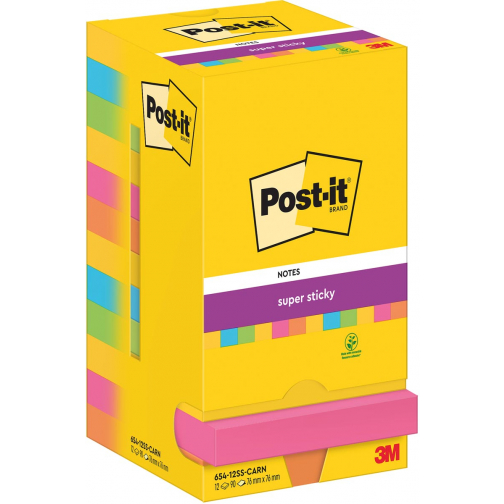 Post-It Super Sticky Notes Carnival, 90 feuilles, ft 76 x 76 mm, paquet de 12 blocs