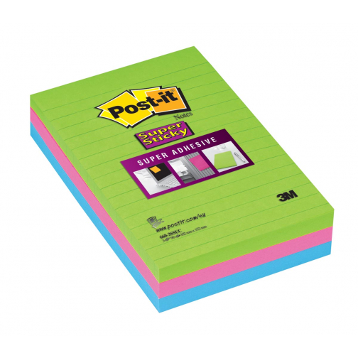 Post-it Super Sticky notes XXL, 90 feuilles, ft 102 x 152 mm, couleurs assorties, paquet de 3 blocs