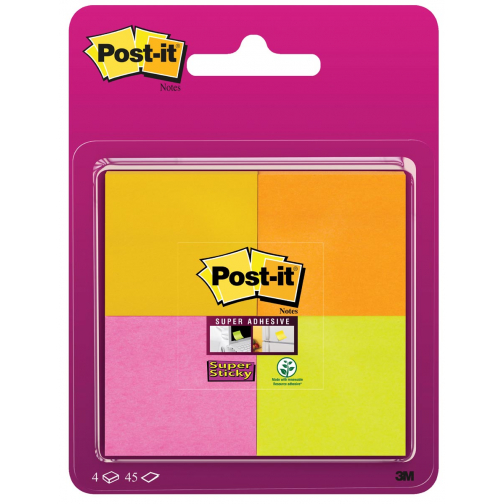 Post-It Super Sticky notes, 45 feuilles, ft 47,6 x 47,6 mm, blister de 4 blocs en couleurs assorties