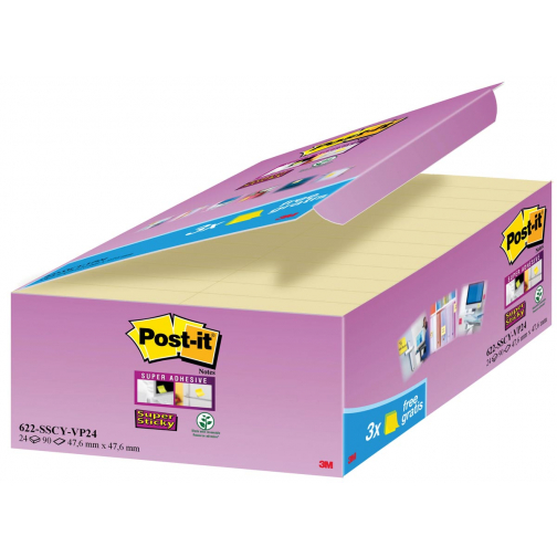 Post-it Super Sticky notes, 90 feuilles, ft 47,6 x 47,6 mm, jaune, paquet de 21 + 3 GRATUIT