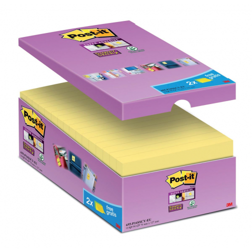 Post-it Super Sticky notes, 90 feuilles, ft 76 x 127 mm, jaune, paquet de 14 blocs + 2 gratuit