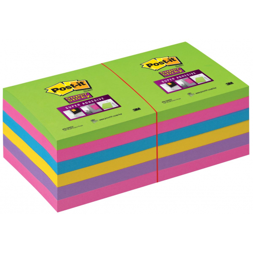 Post-it Super Sticky notes, 90 feuilles, ft 76 x 76 mm, couleurs assorties, paquet de 12 blocs