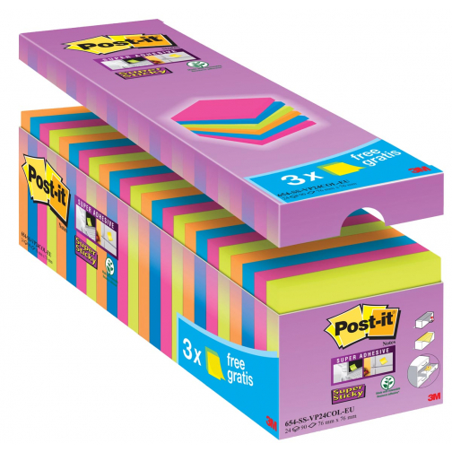 Post-it super Sticky notes, 90 feuilles, ft 76 x 76 mm, couleurs assorties, paquet de 21 blocs + 3 gratui