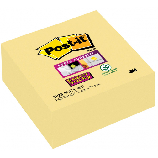 Post-it Super Sticky notes cube, 270 feuilles, ft 76 x 76 mm, jaune