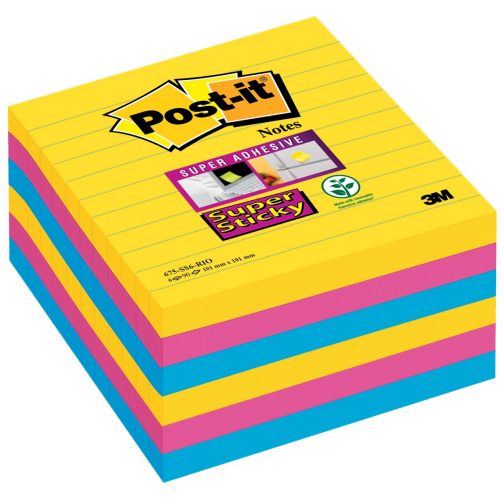 Post-it Super Sticky notes XL Carnival, 90 feuilles, ft 101 x 101 mm, ligné, assorti paquet de 6 blocs