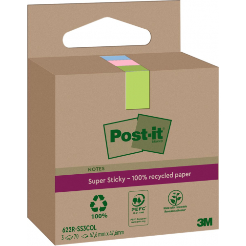 Post-it Super Sticky Notes Recycled, 70 feuilles, ft 47,6 x 47,6 mm, assorti, paquet de 3 blocs