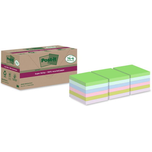 Post-it Super Sticky Notes Recycled, 70 feuilles, ft 76 x 76 mm, assorti, 14 + 4 GRATUIT