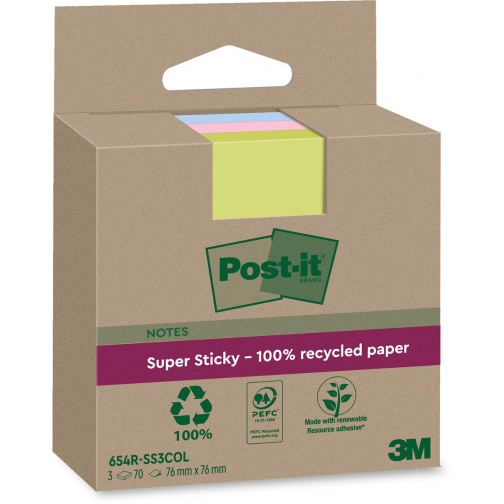 Post-it Super Sticky Notes Recycled, 70 feuilles, ft 76 x 76 mm, assorti, paquet de 3 blocs