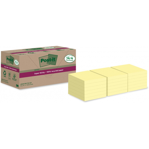 Post-it Super Sticky Notes Recycled, 70 feuilles, ft 76 x 76 mm, jaune, 14 + 4 GRATUIT