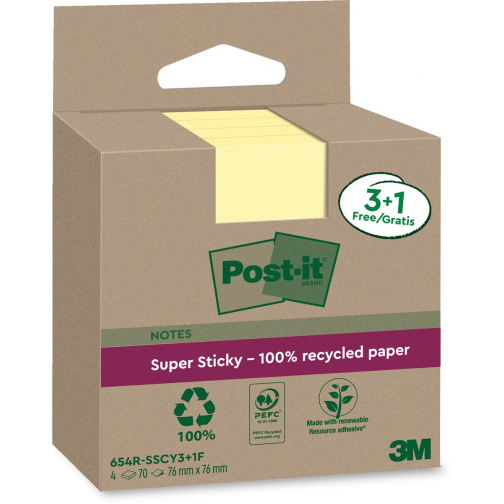 Post-it Super Sticky Notes Recycled, 70 feuilles, ft 76 x 76 mm, jaune, 3 + 1 GRATUIT