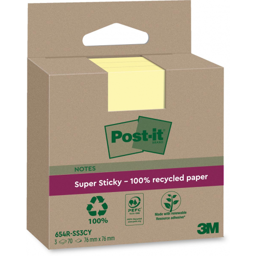 Post-it Super Sticky Notes Recycled, 70 feuilles, ft 76 x 76 mm, jaune, paquet de 3 blocs