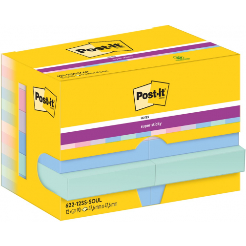 Post-It Super Sticky Notes Soulful, 90 feuilles, ft 47,6 x 47,6 mm, paquet de 12 blocs