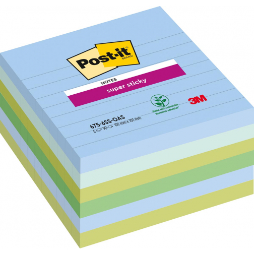 Post-it Super Sticky notes XL Oasis, 90 feuilles, ft 101 x 101 mm, ligné, couleurs assorties, paquet de 6