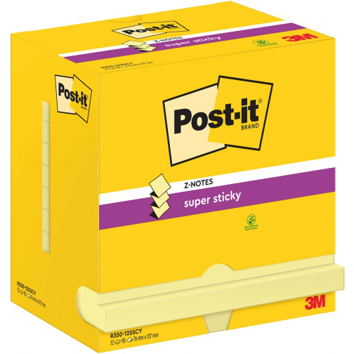 Post-It Super Sticky Z-Notes, 90 feuilles, ft 76 x 127 mm, jaune, paquet de 12 blocs