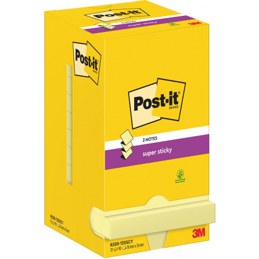 Post-It Super Sticky Z-Notes, 90 feuilles, ft 76 x 76 mm, jaune, paquet de 12 blocs