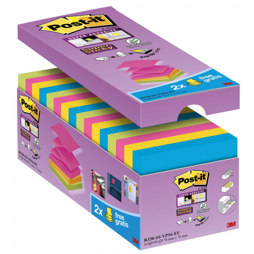 Post-it Super Sticky z-notes, 90 feuilles, ft 76 x 76 mm, boîte de 14+2 gratuit, couleurs assorties