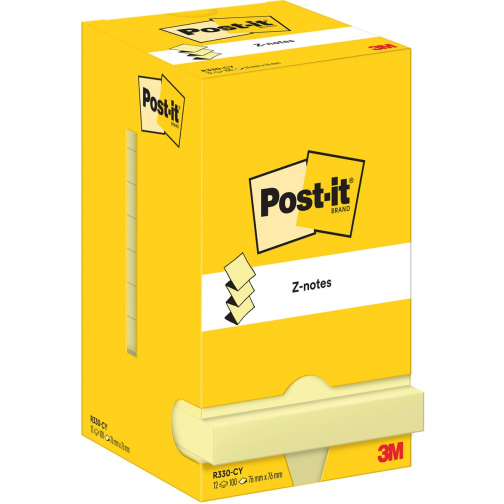 Post-It Z-Notes , 100 feuilles, ft 76 x 76 mm, jaune, paquet de 12 blocs