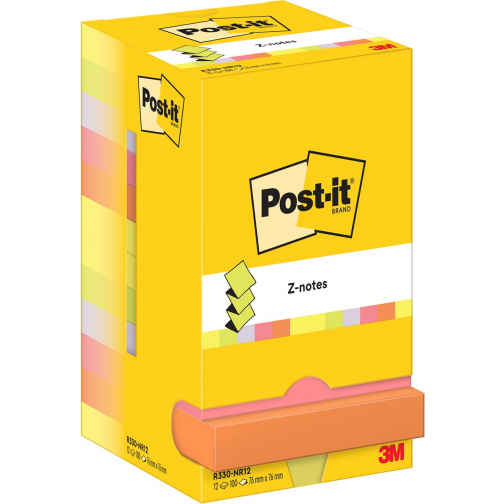 Post-it Z-notes, 100 feuilles, ft 76 x 76 mm, paquet de 12 blocs, couleurs assorties néon