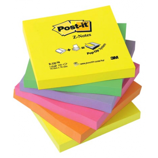 Post-it Z-notes, 100 feuilles, ft 76 x 76 mm, couleurs néon, paquet de 6 blocs