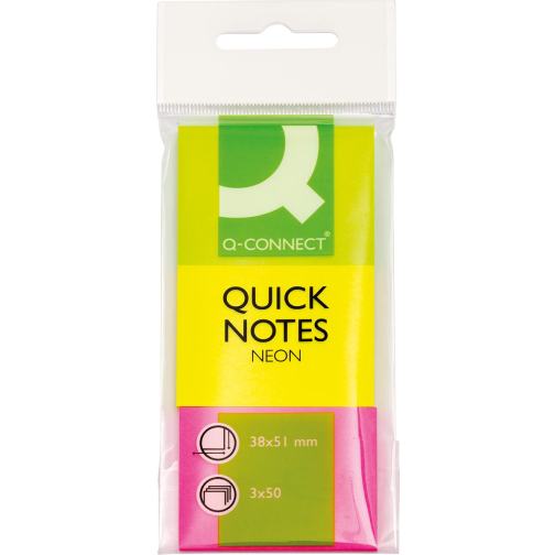 Q-CONNECT Quick Notes, ft 38 x 51 mm, 50 feuilles, étui de 3 blocs en couleurs néon
